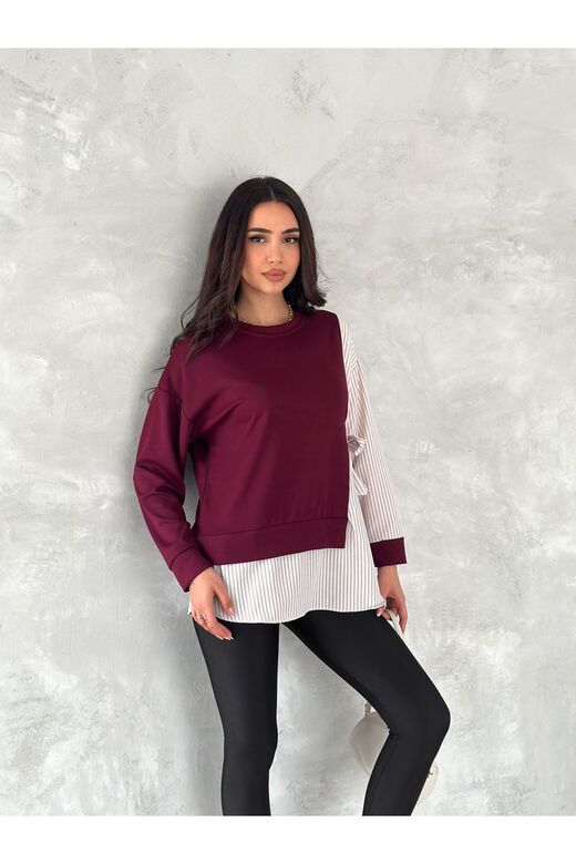Poplin Yandan Bağlama Detaylı Garnili Gömlek Görünümlü Modal-Terikoton Kumaş Sweatshirt