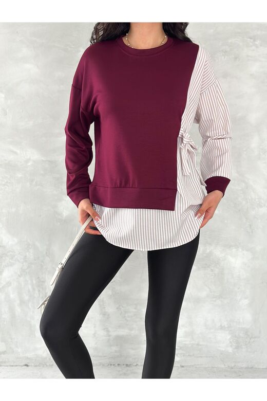 Poplin Yandan Bağlama Detaylı Garnili Gömlek Görünümlü Modal-Terikoton Kumaş Sweatshirt