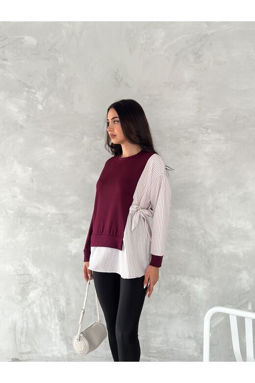 Poplin Yandan Bağlama Detaylı Garnili Gömlek Görünümlü Modal-Terikoton Kumaş Sweatshirt