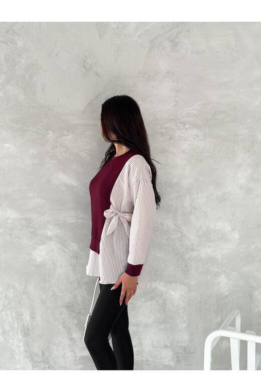 Poplin Yandan Bağlama Detaylı Garnili Gömlek Görünümlü Modal-Terikoton Kumaş Sweatshirt