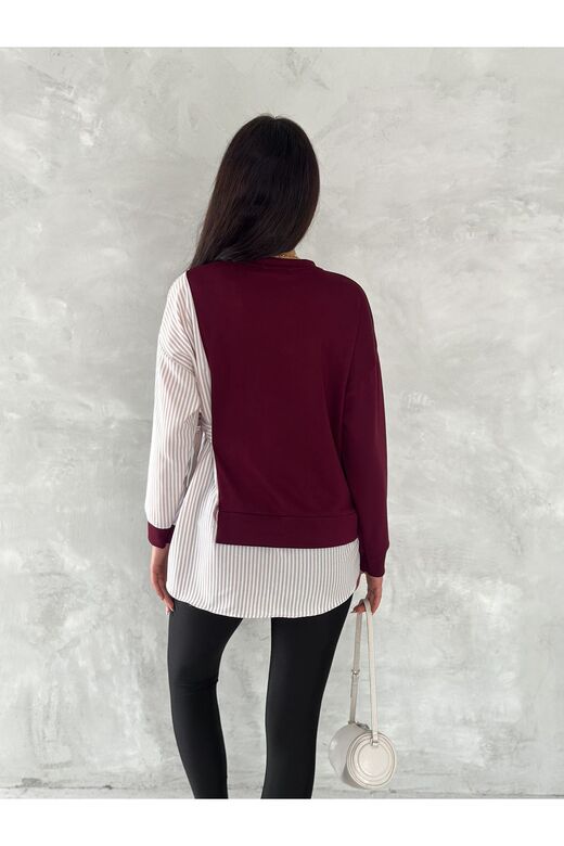 Poplin Yandan Bağlama Detaylı Garnili Gömlek Görünümlü Modal-Terikoton Kumaş Sweatshirt