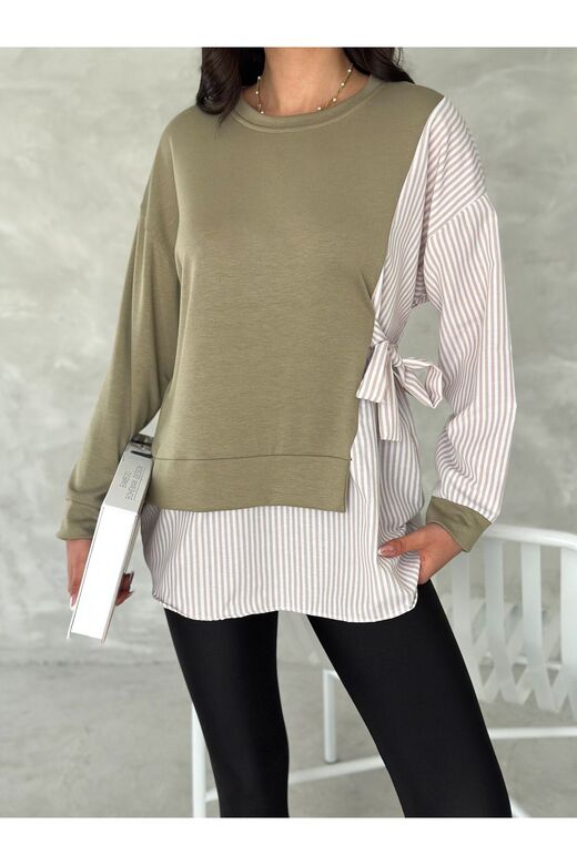 Poplin Yandan Bağlama Detaylı Garnili Gömlek Görünümlü Modal-Terikoton Kumaş Sweatshirt