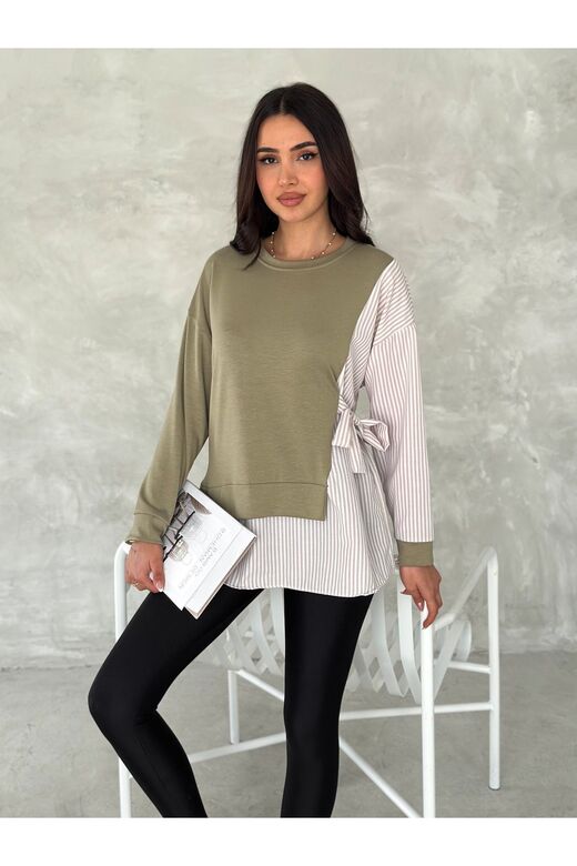 Poplin Yandan Bağlama Detaylı Garnili Gömlek Görünümlü Modal-Terikoton Kumaş Sweatshirt