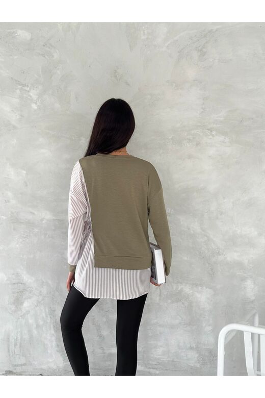 Poplin Yandan Bağlama Detaylı Garnili Gömlek Görünümlü Modal-Terikoton Kumaş Sweatshirt