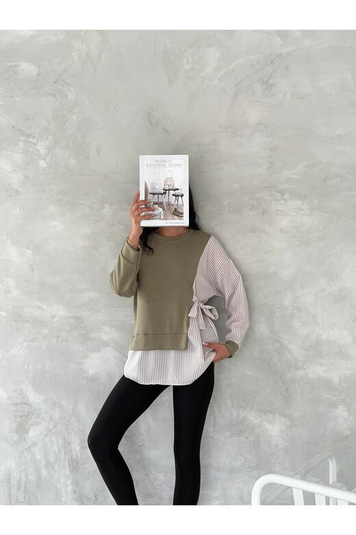 Poplin Yandan Bağlama Detaylı Garnili Gömlek Görünümlü Modal-Terikoton Kumaş Sweatshirt