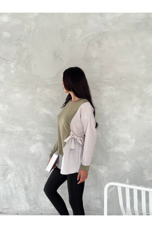 Poplin Yandan Bağlama Detaylı Garnili Gömlek Görünümlü Modal-Terikoton Kumaş Sweatshirt