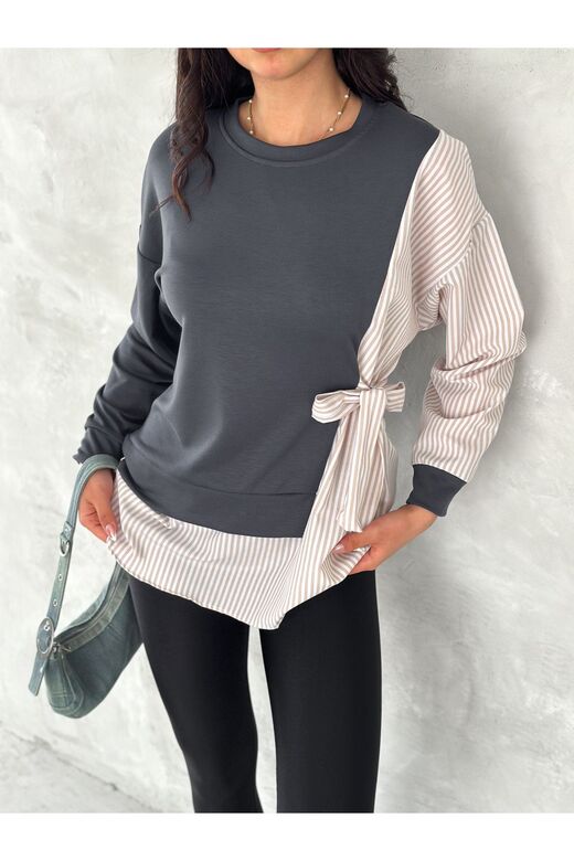 Poplin Yandan Bağlama Detaylı Garnili Gömlek Görünümlü Modal-Terikoton Kumaş Sweatshirt
