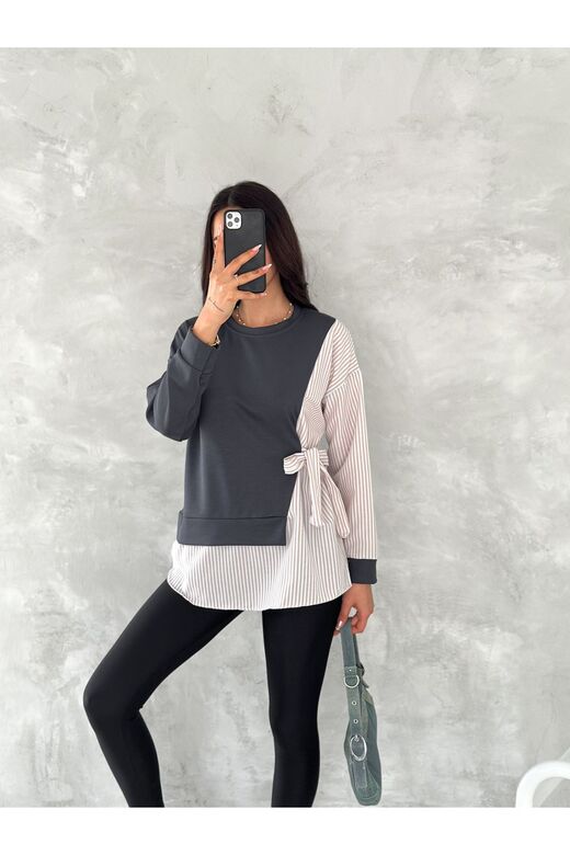 Poplin Yandan Bağlama Detaylı Garnili Gömlek Görünümlü Modal-Terikoton Kumaş Sweatshirt