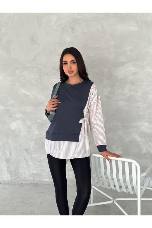 Poplin Yandan Bağlama Detaylı Garnili Gömlek Görünümlü Modal-Terikoton Kumaş Sweatshirt