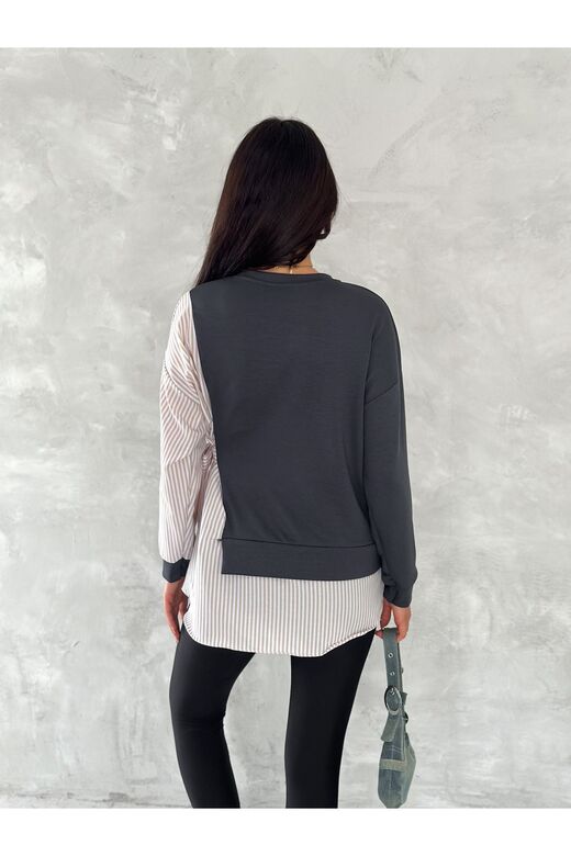 Poplin Yandan Bağlama Detaylı Garnili Gömlek Görünümlü Modal-Terikoton Kumaş Sweatshirt