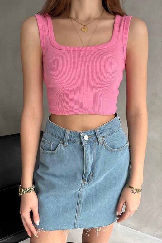 KARE YAKA KALIN ASKILI CROP FİTİLLİ KAŞKORSE KUMAŞ ATLET