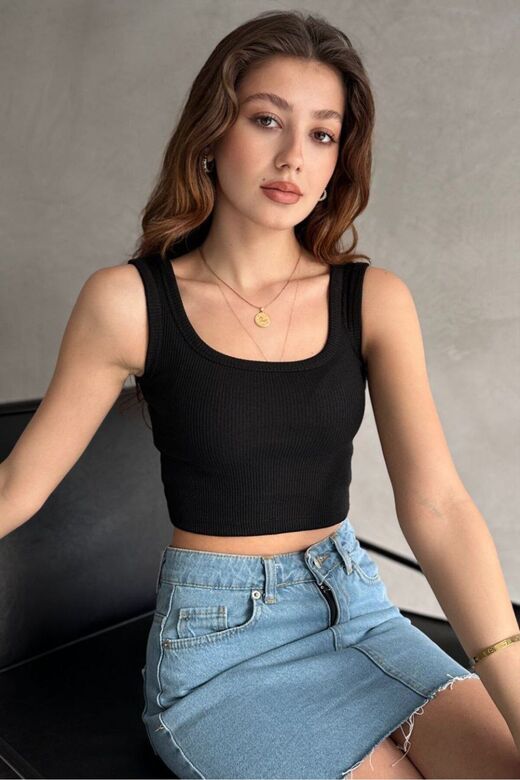 Kare Yaka Kalın Askılı Crop Fitilli Kaşkorse Kumaş Atlet