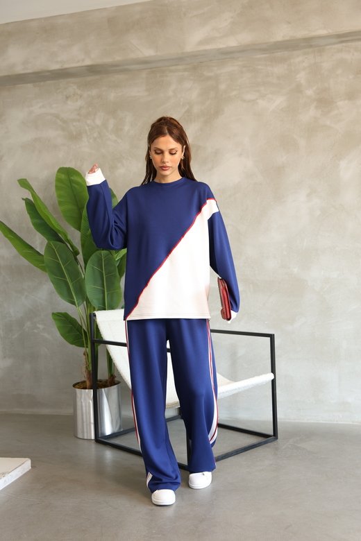 Garnili Biye Detaylı Oversize Geniş Paça Modal Kumaş Eşofman Takım