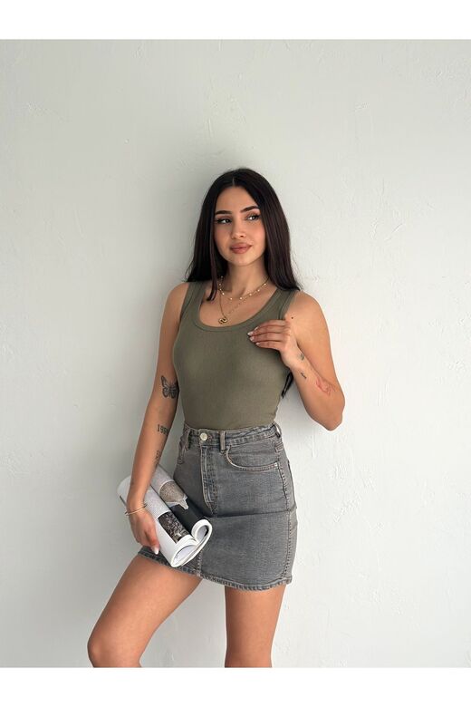 Halter Yaka Esnek Fitilli Kaşkorse Kumaş Atlet