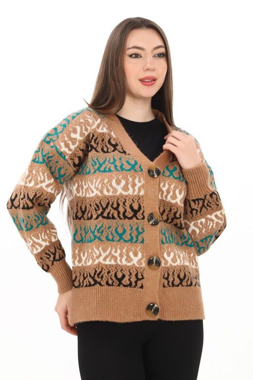 Alev Desenli Oversize Düğmeli Örme Detaylı Triko Hırka