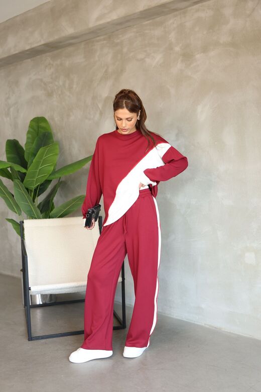 Garnili Biye Detaylı Oversize Geniş Paça Modal Kumaş Eşofman Takım