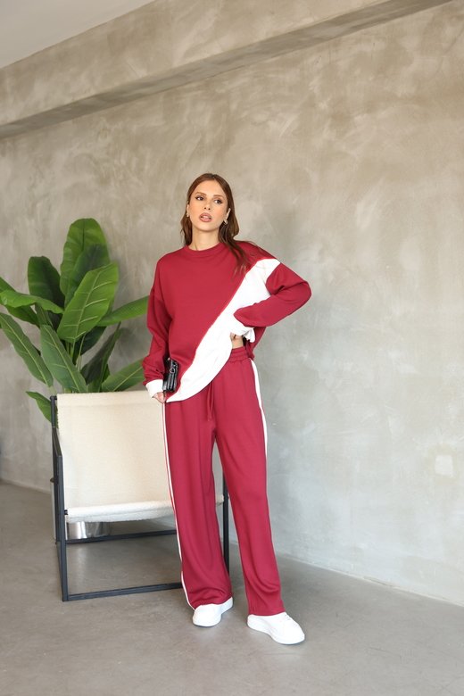 Garnili Biye Detaylı Oversize Geniş Paça Modal Kumaş Eşofman Takım