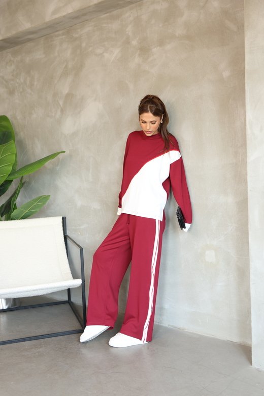 Garnili Biye Detaylı Oversize Geniş Paça Modal Kumaş Eşofman Takım