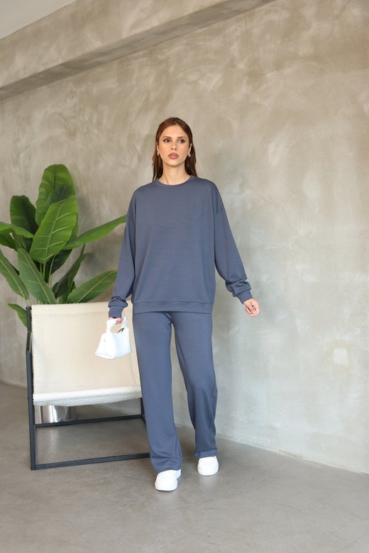 Oversize Bisiklet Yaka Geniş Paça Modal Kumaş Eşofman Takım