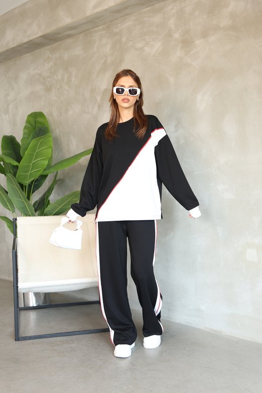 Garnili Biye Detaylı Oversize Geniş Paça Modal Kumaş Eşofman Takım