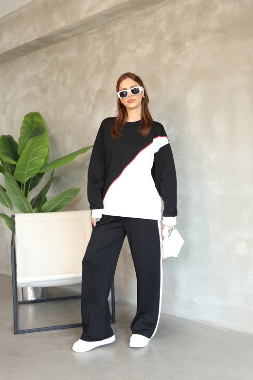 Garnili Biye Detaylı Oversize Geniş Paça Modal Kumaş Eşofman Takım