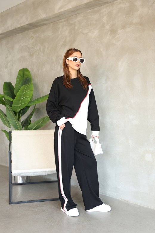 Garnili Biye Detaylı Oversize Geniş Paça Modal Kumaş Eşofman Takım