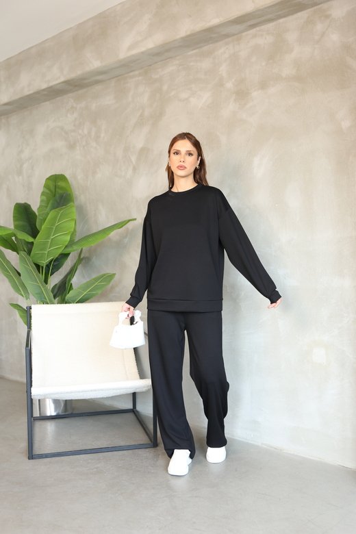 Oversize Bisiklet Yaka Geniş Paça Modal Kumaş Eşofman Takım