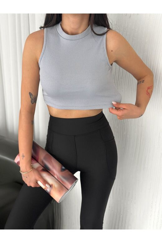 Crop Pamuklu Fitilli Esnek Halter Yaka Kaşkorse Kumaş Atlet