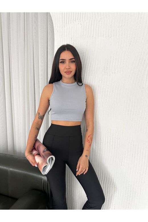 Crop Pamuklu Fitilli Esnek Halter Yaka Kaşkorse Kumaş Atlet