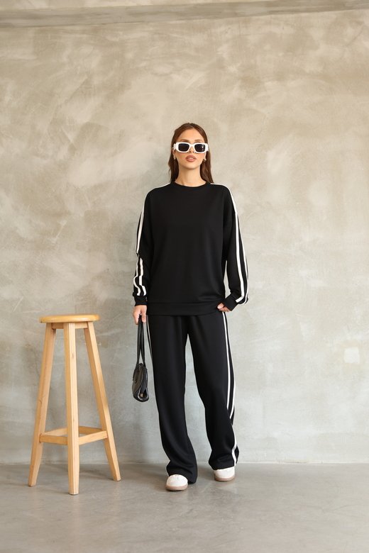 Şerit Detaylı Oversize Bol Paça Modal Kumaş Eşofman Takım