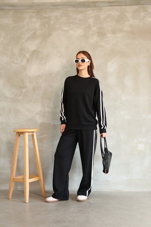 Şerit Detaylı Oversize Bol Paça Modal Kumaş Eşofman Takım