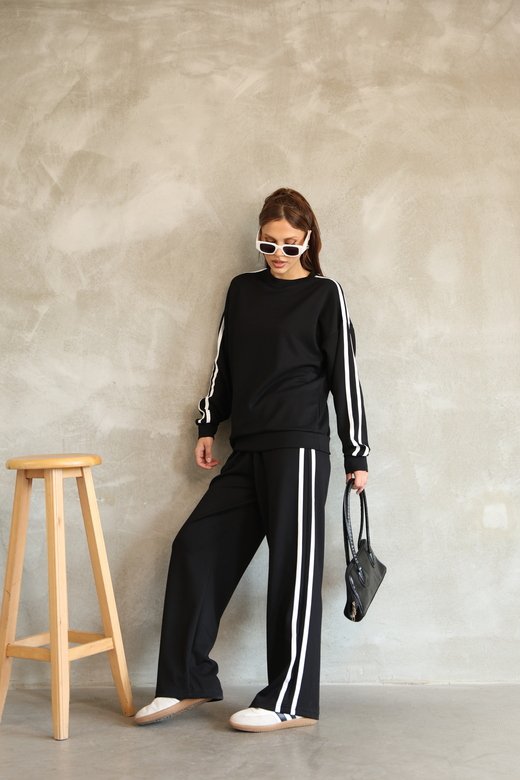 Şerit Detaylı Oversize Bol Paça Modal Kumaş Eşofman Takım