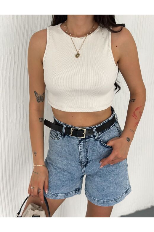 Crop Pamuklu Fitilli Esnek Halter Yaka Kaşkorse Kumaş Atlet