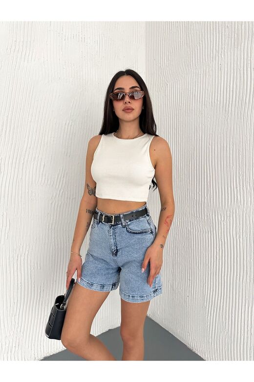 Crop Pamuklu Fitilli Esnek Halter Yaka Kaşkorse Kumaş Atlet