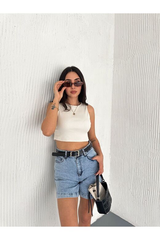 Crop Pamuklu Fitilli Esnek Halter Yaka Kaşkorse Kumaş Atlet