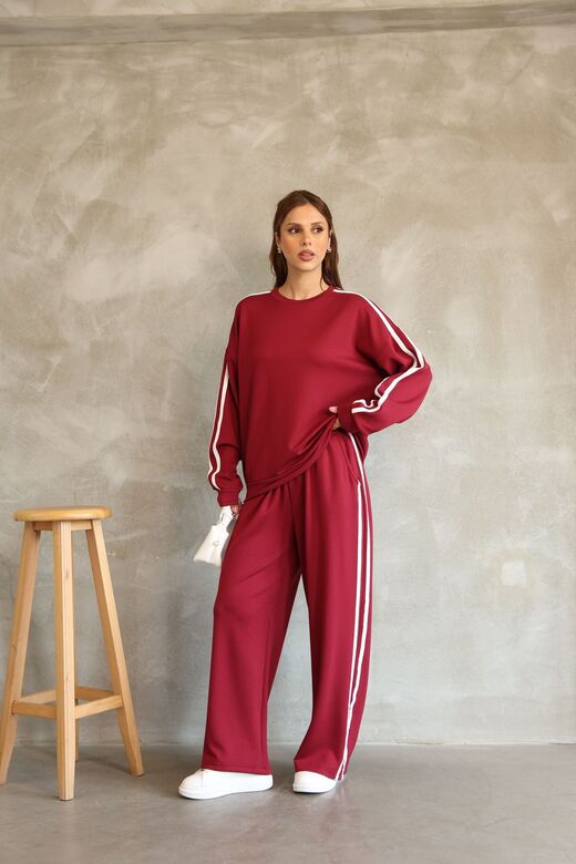 Şerit Detaylı Oversize Bol Paça Modal Kumaş Eşofman Takım