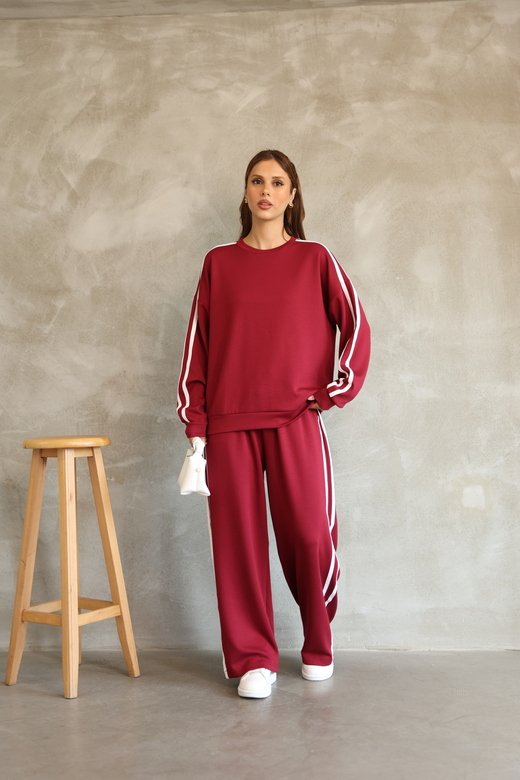Şerit Detaylı Oversize Bol Paça Modal Kumaş Eşofman Takım