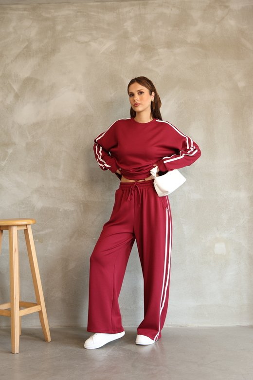 Şerit Detaylı Oversize Bol Paça Modal Kumaş Eşofman Takım