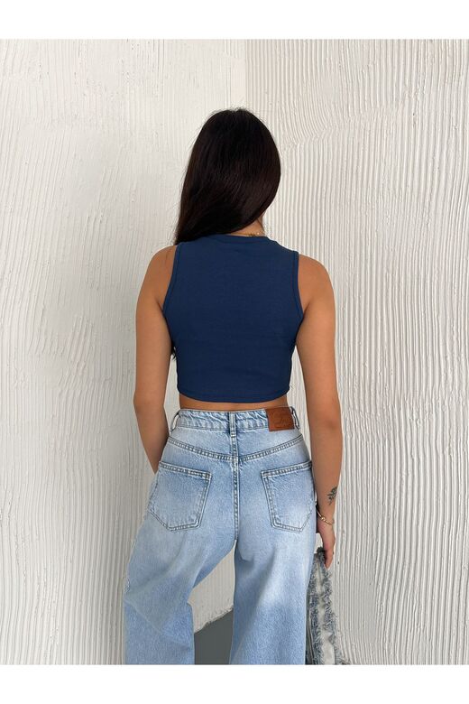 Crop Pamuklu Fitilli Esnek Halter Yaka Kaşkorse Kumaş Atlet