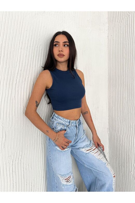 Crop Pamuklu Fitilli Esnek Halter Yaka Kaşkorse Kumaş Atlet
