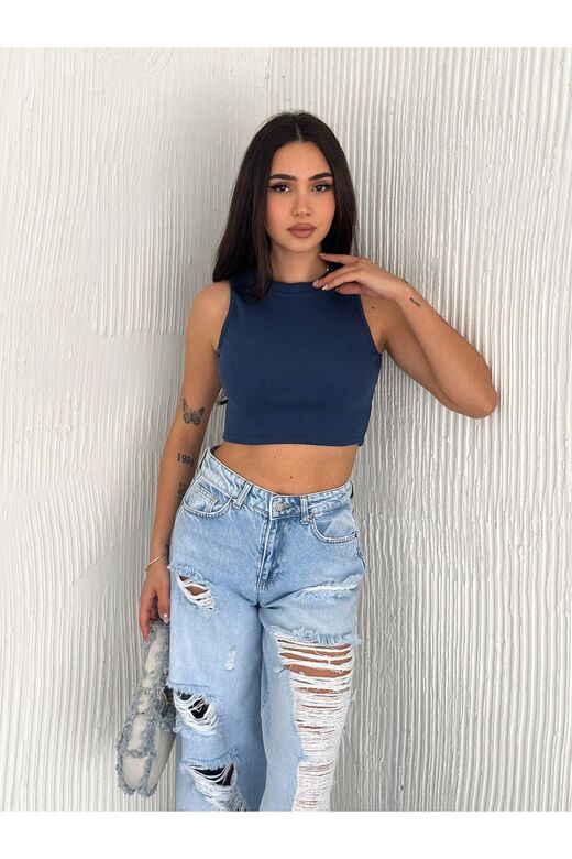Crop Pamuklu Fitilli Esnek Halter Yaka Kaşkorse Kumaş Atlet