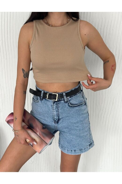 Crop Pamuklu Fitilli Esnek Halter Yaka Kaşkorse Kumaş Atlet