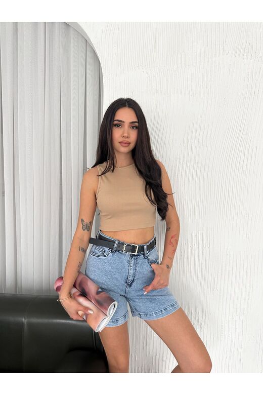 Crop Pamuklu Fitilli Esnek Halter Yaka Kaşkorse Kumaş Atlet
