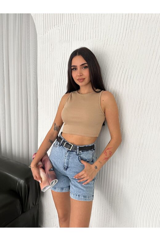 Crop Pamuklu Fitilli Esnek Halter Yaka Kaşkorse Kumaş Atlet