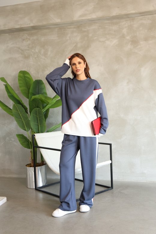 Garnili Biye Detaylı Oversize Geniş Paça Modal Kumaş Eşofman Takım