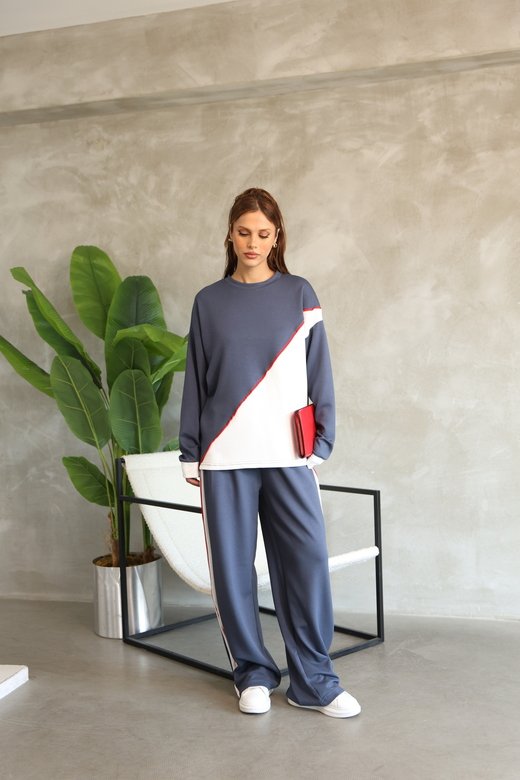 Garnili Biye Detaylı Oversize Geniş Paça Modal Kumaş Eşofman Takım