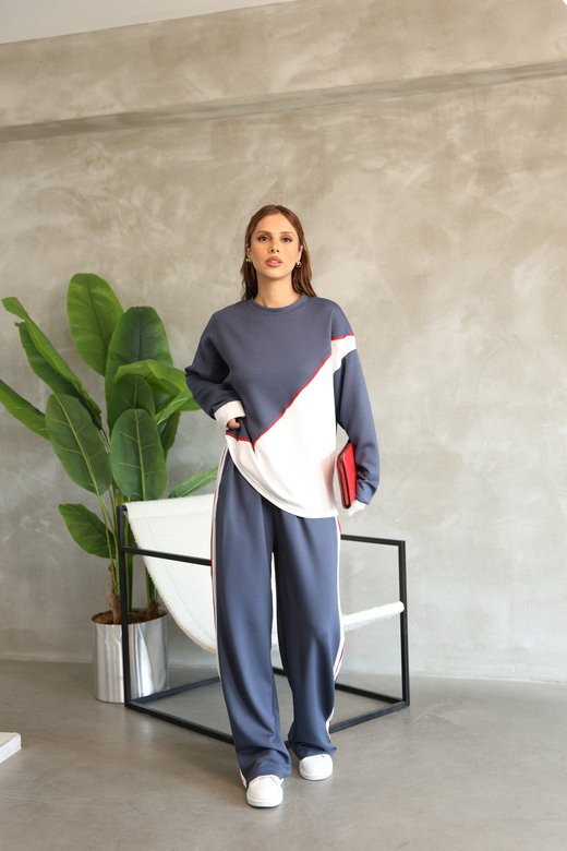 Garnili Biye Detaylı Oversize Geniş Paça Modal Kumaş Eşofman Takım