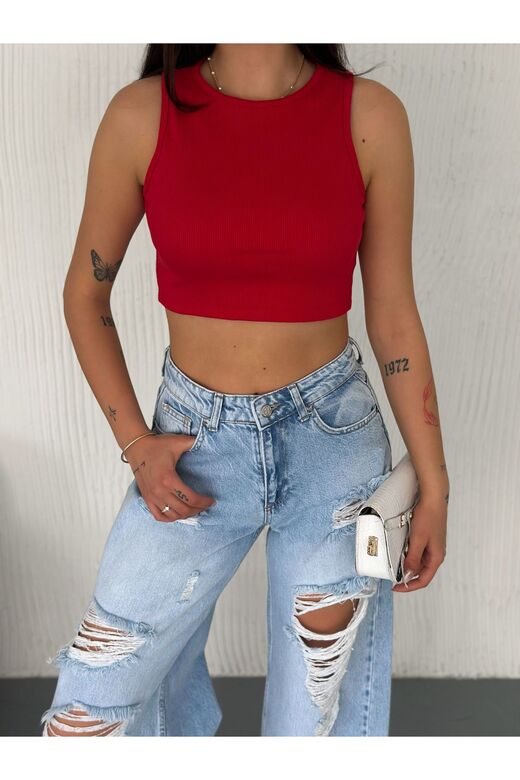 Crop Pamuklu Fitilli Esnek Halter Yaka Kaşkorse Kumaş Atlet