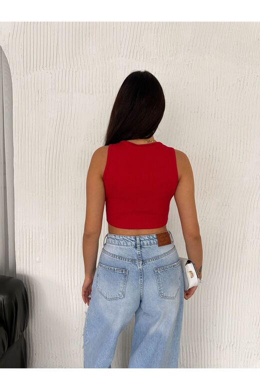 Crop Pamuklu Fitilli Esnek Halter Yaka Kaşkorse Kumaş Atlet