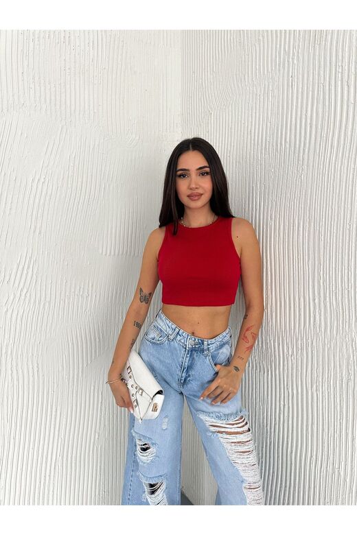 Crop Pamuklu Fitilli Esnek Halter Yaka Kaşkorse Kumaş Atlet